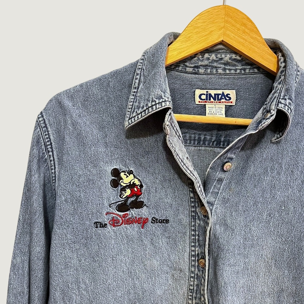 VTG Disney Store Denim Button Down Blue Large Mickey Mouse Embroidered